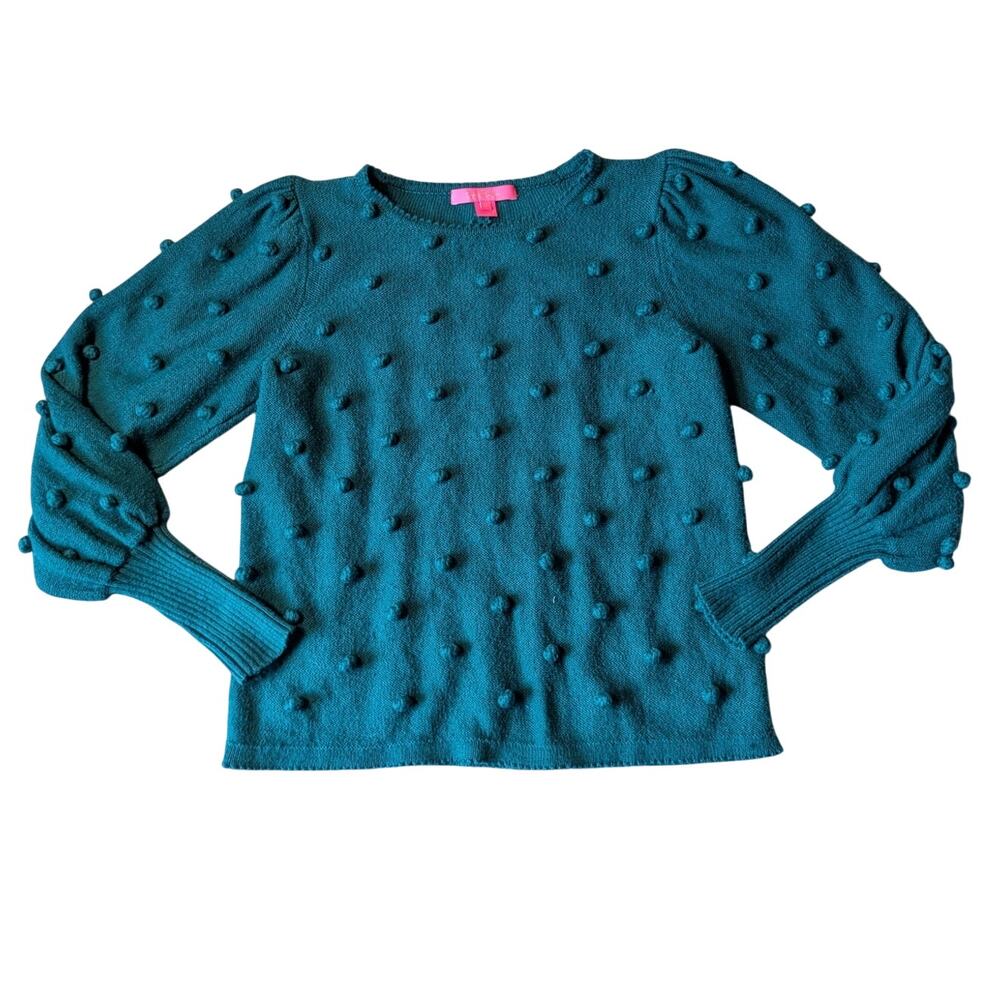 LilLy Pulitzer Women’s Pullover Sweater Teal Pom Pom Textured Puff Sleeve